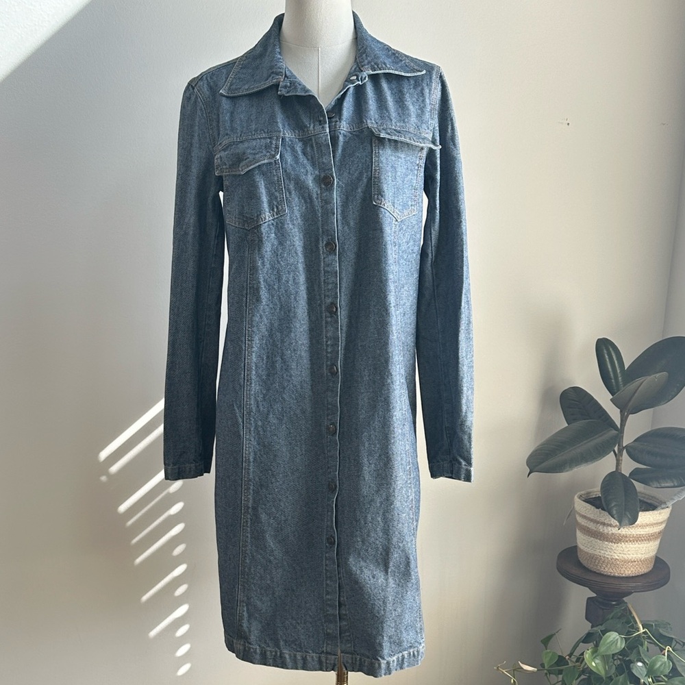 Vtg 90s Tailored Button Down Denim Shirt Dress Midi Sz 38 France Quiet Luxury